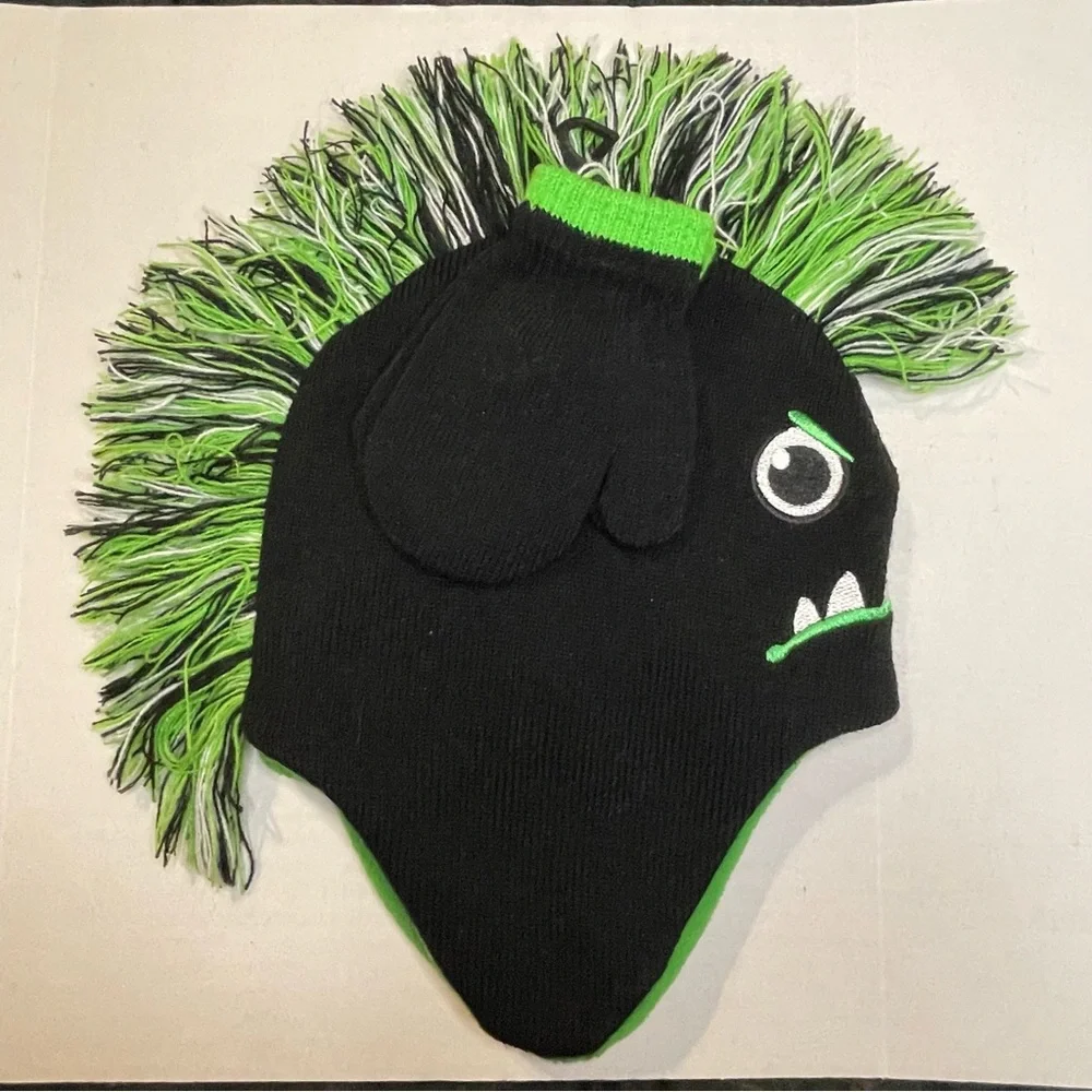 Monster Winter Hat Mittens Beanie Black Toddler One Size Face Eyes Teeth Mohawk